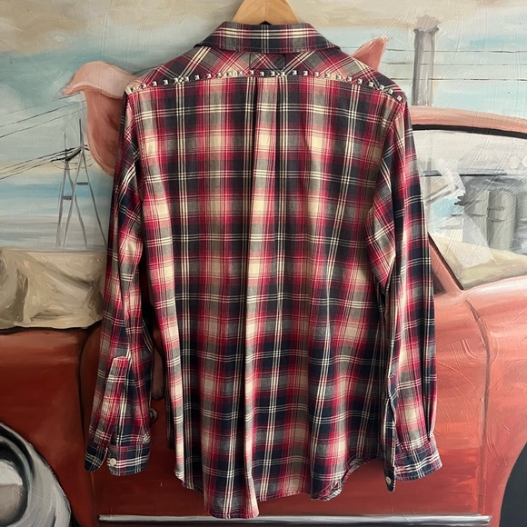 Current/Elliott The Perfect School Shirt Red Revival Plaid with Studs - Picture 6 of 13